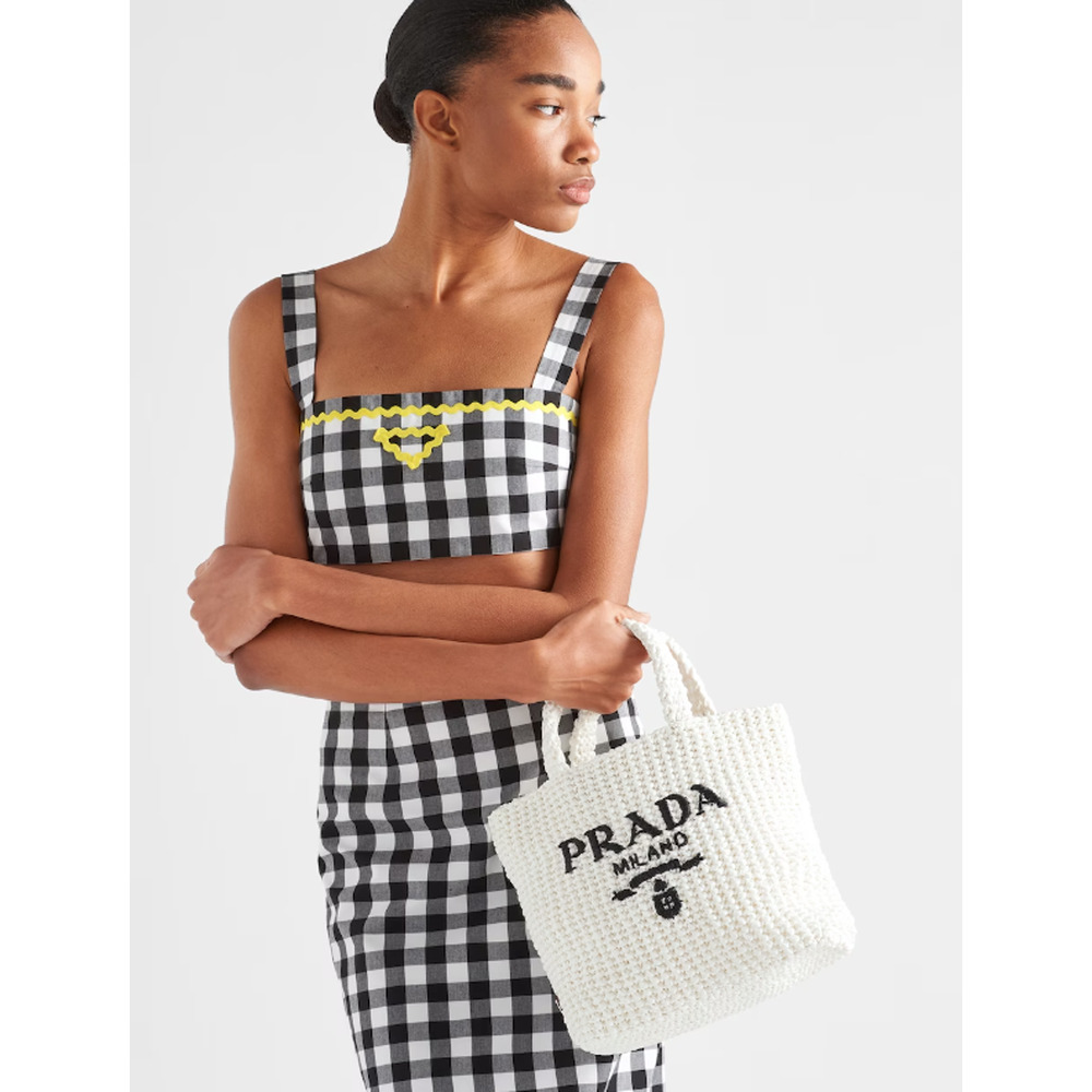 BRAND NEW PRADA RAFFIA CROCHET SMALL VACATION WHITE TOTE BAG AUTHENTIC!